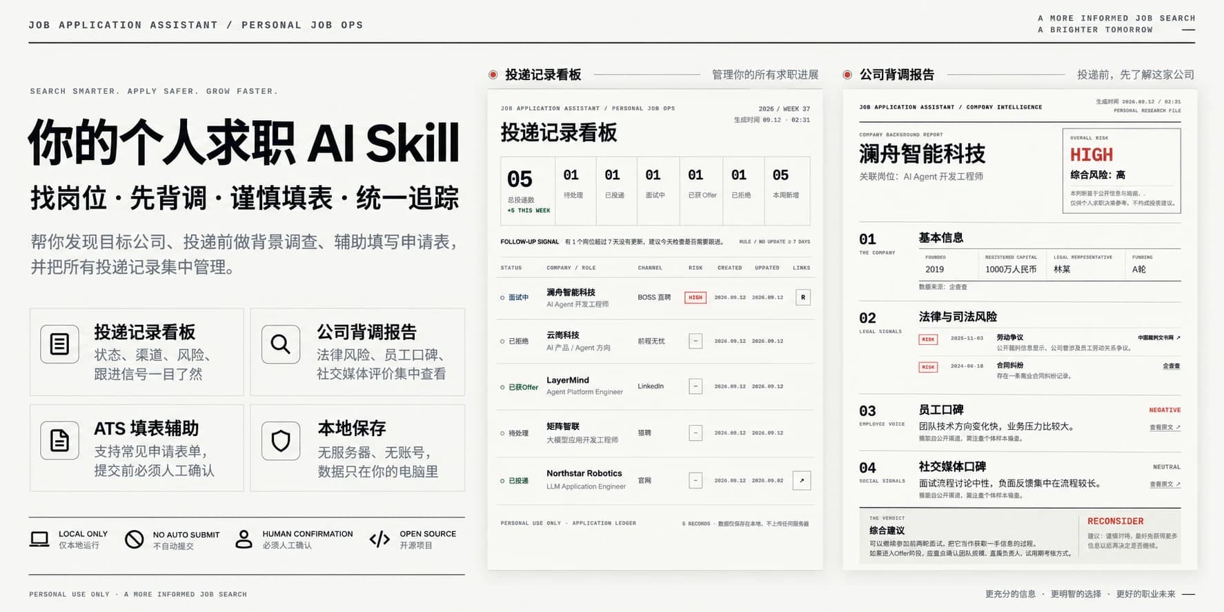 job-application-assistant 的三个界面：能力概览、投递记录看板与公司背调报告（示例数据）
